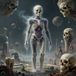 bone and teeth with cosmic circuitry and futuristic technology rearranging body form, ghostly figure, morphing skulls, constructivism + surrealism, a floating landscape, a portal, and some twisted alien planets, abstract, voodoo, by antoine wiertz and noah bradley, visually stunning, cinematic, ultra realistic, hyper realism, 1 2 k, epic, octane render, unreal engine, vfx, maya