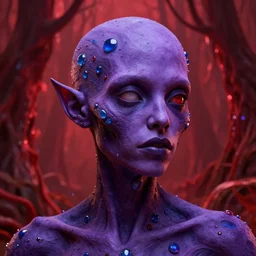 zombified violet human with highly detailed blue and red jewels in his skin. designed by blinx. head and shoulders'shot. background is an organic red forest. digital art. 4 k octane render.