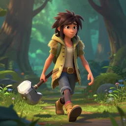 ahri from league of legends walking in a forest in the croods movie style, holding on his right hand a white fighting hammer, anime, disney, pixar, 8 k, hd, dof, kodak film, volumetric lighting, subsurface scattering, photorealistic, octane render, details