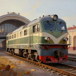 wide angle photo of a neo vintage metro locomotive, detailed, moscou komsomolskaya metro railway station background, photorealism, volumetric autumn lights, sunset light, coloured, depth of field, sharp details, photo, hasselblad, by moebius and ricardo robles, marco turini, oil, ink, gouache, 3 d concept art, octane render