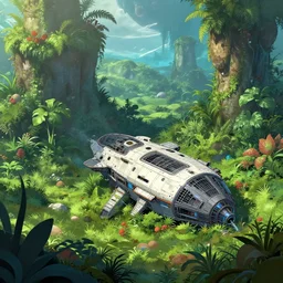 a spaceship crashed into a lush foreign planet covered with plants and life. The spaceship is burried in the ground. digital art, artstation trending
