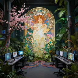 symmetric, cherry blossom and jungle plants, in a room full of neural networks and wires and computers, zoomed out, dark sci - fi, ai, 4 k realistic, waterhouse. alphonse mucha