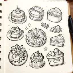 doodle of food items. lineart, fineliner 0. 8 mm, professional doodle art