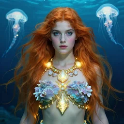 isla fisher as the little mermaid long hair covers chest, a beautiful art nouveau portrait by Gil elvgren, beneath the ocean waves glowing jellyfish environment, centered composition, defined features, golden ratio, intricate seashell jewelry that glows