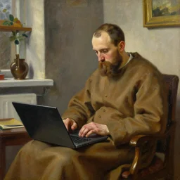 oil painting of a a russian monk is sitting at a laptop in a modern room, art by anders zorn, wonderful masterpiece by greg rutkowski, beautiful cinematic light, american romanticism by greg manchess, jessica rossier and norman rockwell