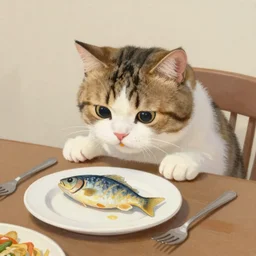 cute painting of a cat sneakily grabbing a fish from a plate on  a dinner table