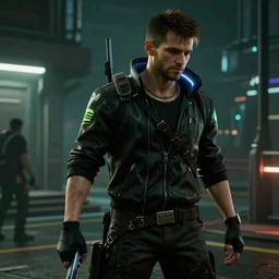 film still of Dylan O'Brien as Kerry Eurodyne in Cyberpunk 2077, gameplay, 8k, HD