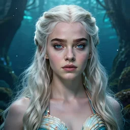 Daenerys Targaryen as a mermeid with a piercing gaze wearing a shell bikini in an underwater magical forest, highly detailed face, realistic face, beautiful detailed eyes, fantasy art, in the style of Tony Sart, illustration, epic, fantasy, intricate, hyper detailed, artstation, concept art, smooth, sharp focus, ray tracing, vibrant, photorealistic