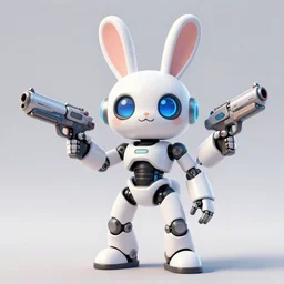 an anthropomorphic rabbit - like robot with human characteristics, holding futuristic guns, digital art, epic composition, fantasy, cyberpunk, in the style of jakub rebelka, in the style of jake parker, in the style of conrad roset, swirly vibrant colors, explosion of color, highly detailed, sharp focus