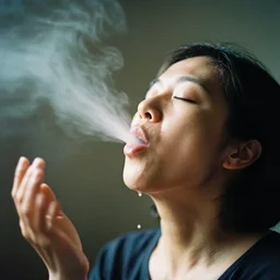 analog photographic portrait with 5 0 mm lens and f / 1 2. 0 of a 7 8 years old woman woman with her eyes closed and spurting from her mouth a white viscous fluid floating in the air. with a slight variation of light in the liquid and gesture.