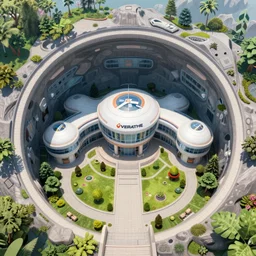 worm's eye view of roughly cylindrical overwatch headquarters carved inside a mountain surrounding a lush well kept garden, central waterfall, magical, natural light, fantasy, sharp focus, concept art, by greg rutkowski and craig mullins, cozy atmospheric