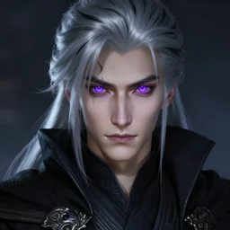 portrait of a young man with purple eyes, dressed in a black cloak, silver hair with black streaks, glowing purple eyes, detailed face, fantasy, highly detailed, cinematic lighting, digital art painting by greg rutkowski
