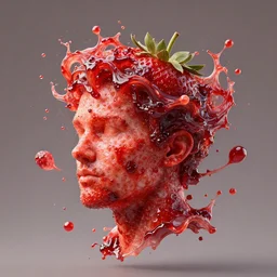 man's head made out of strawberry skin, head is exploding in a swirl of jam : ornate, dynamic, particulate, intricate, elegant, highly detailed, centered, artstation, smooth, sharp focus, octane render
