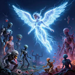 angel made of electricity flying in the sky in the style of peter mohrbacher ; humans being devoured ; aliens, robotic machines, gods, bio - mechanical intelligences, glitch creatures, dmt entity ; lsd art, trending on artstation, style greg rutkowski