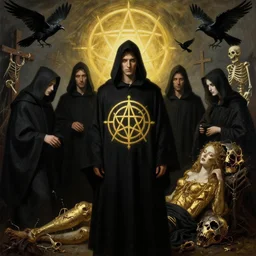 dante's inferno, with people in black hooded tunic like in the film eyes wide shut of stanley kubrick, illuminati symbol, crows, skeletons, crosses, dark beauty, rotten gold, perfect faces, extremely detailed. highly detailed painting by gaston bussiere and j. c. leyendecker 8 k
