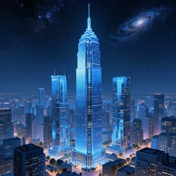 cyberpunk city, galaxy, stars, hyperrealistic, award winning, photography, blue, glass