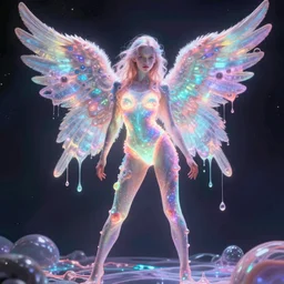 a glowing skinny onesie suited angel spirit being, covered with pastel glitter glue slime, fashion model pose, full body maximalist cosmic eldritch character design, early computer graphics