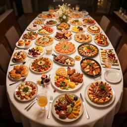 ! dream matte painting of a fisheye view of a gigantic table with a banquet of delicious food of many colors and flavors, by rossdraws, trending on artstation, high quality, global light, tilt shift