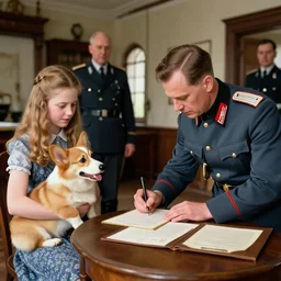 ultra wide 1 9 4 6 historical photo 8 5 mm of a single german general signing a peace treaty, a young queen elizabeth holds a corgi and watches the general sign the treaty, french village interior, highly detailed, sharp focus