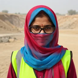 photo, close up, young hyderabadi muslim woman wearing red and cyan blue niqab cateye glasses in a hi vis vest, in dusty open pit mine, android cameraphone, 2 6 mm