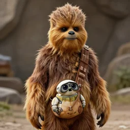a marsupial chewbacca, with ewoks in her pouch, still from star wars, hyper realistic, unreal engine 5, 8 k