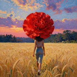 giant red carnation afro head, full body, full body, girl walking through empty wheat field, surreal photography, forest background, sunrise dramatic light, impressionist painting, colorful clouds, digital painting, pointillism, artstation, simon stalenhag