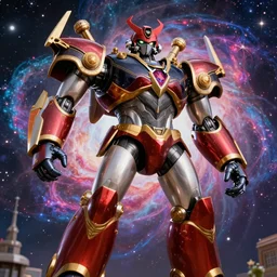 movie still frame, armored baroque great mazinger in epic pose, a psychedelic nebula in the background, intricate details, beautiful composition, 8 k, cgi, by ridley scott, james cameron, zack snyder and michael bay