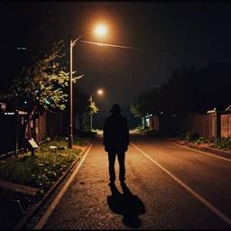 single shot, full shot, a dimly lit road, silhouette of eerie figure against the street light, vhs look, scanlines, vhs artifact, crt monitor, analogart, 1 9 9 0 s,