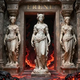 greek godess statues in the entrance to the underworld, lava, 8 k detailed, highly detailed matte painting, incredible, trending on artstation,