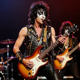 jimi hendrix as a member of the band kiss in concert, color photo