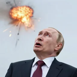 vladimir putin, freaked out, with open mouth looking up to sky, air strike explosion nearby, terrified face, by donato giancola and greg rutkowski and wayne barlow and zdzisław beksinski, realistic face, digital art