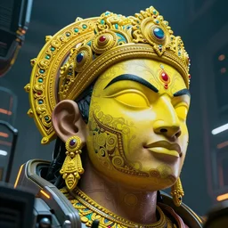 high quality photo hyperrealistic cyberpunk hanuman head building, neon yellow madhubani, highly detailed, in sci - fi mumbai, unreal engine cinematic smooth, liam wong, moody light, low angle, uhd 8 k, sharp focus