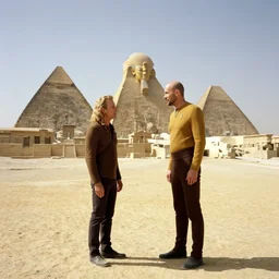 captain jean - luc picard having a conversation with professor x charles xaiver in ancient egypt wide angle shot