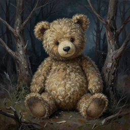 soft oil painting, a teddy bear surrounded by dead trees at night, ominous, extremely detailed, intricate, cottagecore, readability, concept art, sharp focus, art by brothers hildebrandt
