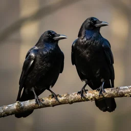 two raven sitting on a branch. highly detailed. dramatic lighting.