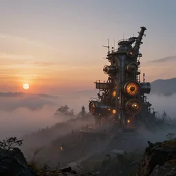 panoramic photography sunrise steampunk lights smog, landscape concept art dynamic lighting digital art