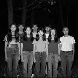 a group of people standing in a forest staring at the viewer, night, b&w, found footage, VHS, 240p