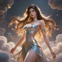 a beautiful female goddess of the blender software character, character is in all its glory, character is in her natural relaxed pose, rim lights, particles and dust in the air, fancy clouds, highly detailed professional photo, dynamic lights, particles are flying, depth of field, trending on artstation, professional illustration, hyper realistic, vray caustics, super detailed, colorful accents, cinematic shot