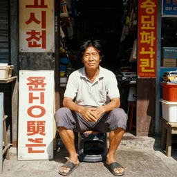 home photography portrait, A shop keeper person of the SHOME, floor, signboards , poster ; summer, Color VHS picture quality with mixed noise
