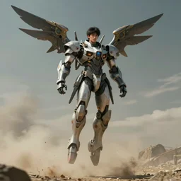 full body portrait of a mech space samurai with jet pack and thin mech wings, hovers above ground, dust swirls under him, realistic, cinematic, atmospheric, sci - fi movie character, octane render, by moebius, alphonse mucha, roger deakins, masamune shirow