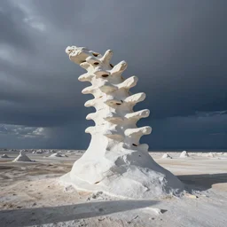 wide landscape photo of a white desert pedestal rock formation in the distinct shape of a vertebrae!!!!!!!!