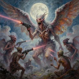 concept art of giant mutant fairy attack, lovecraftian, lots of teeth, melting horror, wings made of fluffy feathers, round moon, rich clouds, fighting the horrors of the unknown with laser gun, high resolution, very detailed, colorful, roaring, volumetric light, mist, grim, fine art, decaying, textured oil over canvas, epic fantasy art, very colorful, ornate