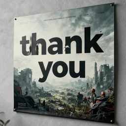 wall with a poster that has text thank you, ( ( ( ( ( ( ( ( epic postwar landscape, sci fi horror ) ) ) ) ) ) ) ), close up, wadim kashin, simon stalenhag, xf iq 4, f / 1. 4, iso 2 0 0, 1 / 1 6 0 s, 8 k, raw, featured in artstation, octane render, cinematic, elegant, intricate, 8 k