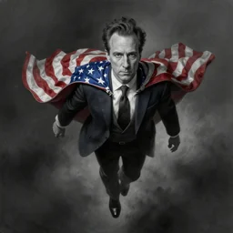 a portrait of stephen colbert flying in an american flag cape, stoic, fantasy, intricate, elegant, beautiful, highly detailed, charcoal, centered, dark, smokey, digital painting, artstation, concept art, smooth, sharp focus, illustration, art by artgerm and greg rutkowski and alphonse mucha
