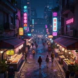 hyper detailed cyberpunk marketplace, blender render, street view at night, artgerm, danguiz