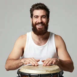 a studio photo of a happy man with four days brown beard doing percussion with his face. He wears a white tank top