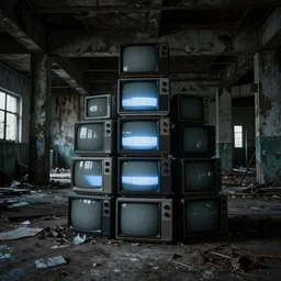 abandoned industrial basement illuminated by a stack of CRT televisions, sinister