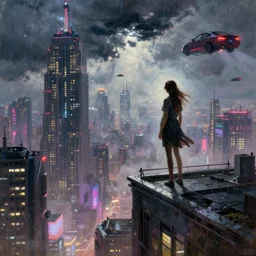a girl standing on top a building looking down at futuristic new york city, cyberpunk, ghostpunk, sci - fi, fog, neon lights, flying cars, storm clouds, rain, thick oil painting, by george bellows