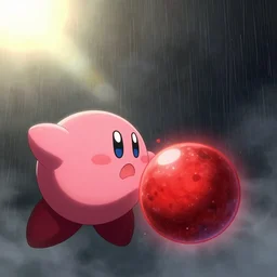 dark star giant kirby swallowing a red dwarf star, trending on artstation, digital art, fog, sun flare, rain