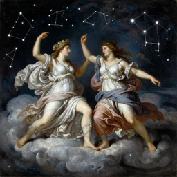 painting of a greek goddess fighting a celestial entity over the clouds at night with many stars and constellations, realistic, harsh lighting, breathtaking, detailed, traditional